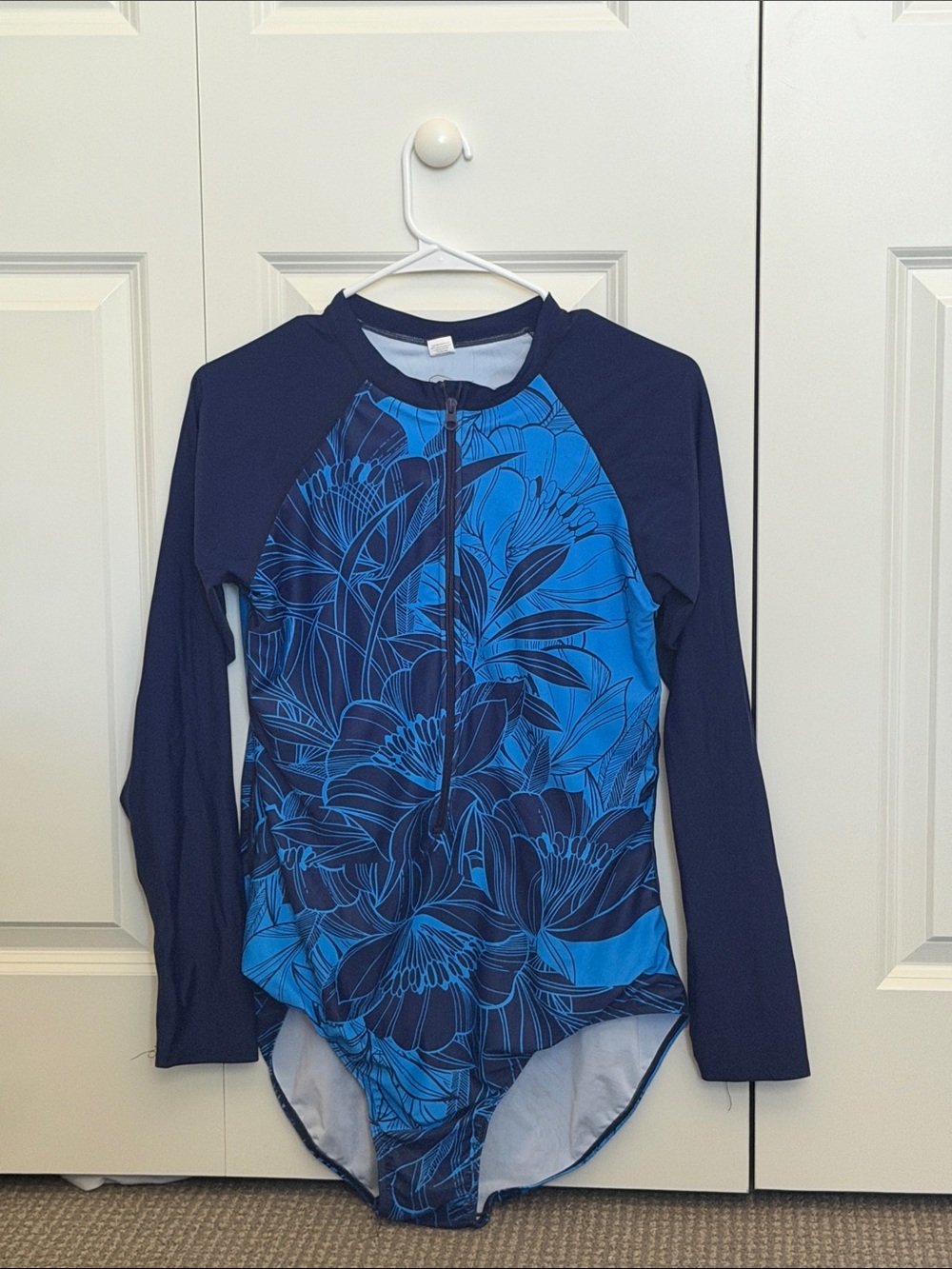 Navy and Bright Blue Floral Long-Sleeve One-Piece Swimsuit